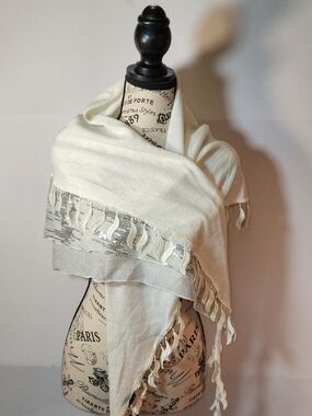 Cream Fringe Wrap Scarf with Silver Accent Trim